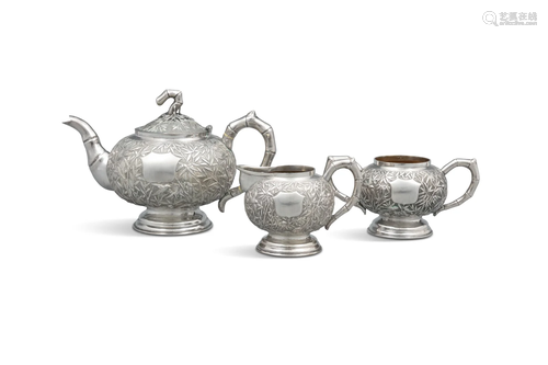 A THREE-PIECE CHINESE EXPORT SILVER ‘BAMBOO’ TEA SET BY TUCK...