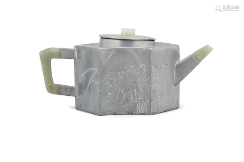 A JADE EMBELLISHED INGOT-SHAPED ‘LOTUS POND’ PEWTER ENCASED ...