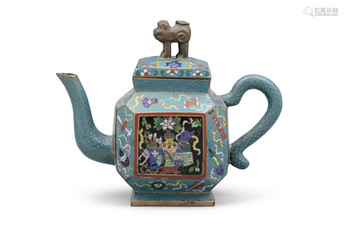 A CLOISONNE ENAMEL ‘AUSPICIOUS SYMBOLS’ LIDDED TEAPOT CHINA,...