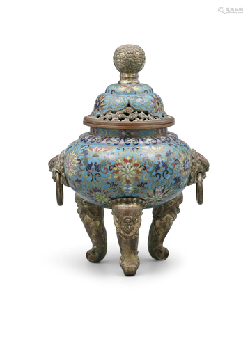 A THREE-LEGGED ‘LOTUS’ LIDDED CLOISONNE INCENSE BURNER CHINA...