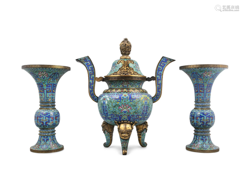 A PALACE SIZE THREE-PIECE (3) CLOISONNÉ ‘LOTUS’ ALTAR GARNIT...