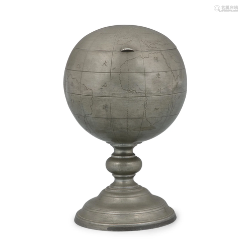 A PEWTER GLOBE-FORM INKWELL CHINA, SWATOW, CIRCA 1900-1940 T...