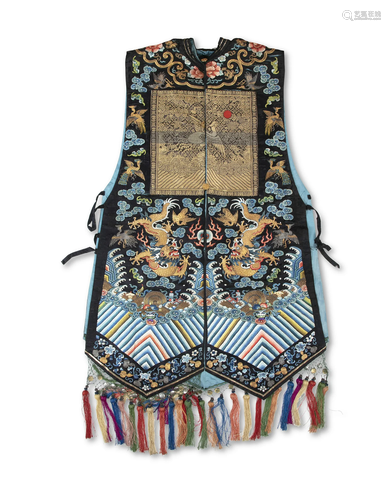 A EMBROIDERED SILK XIAPE OR COURT WAISTCOAT CHINA, QING DYNA...