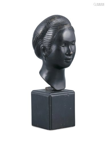 A BRONZE HEAD OF A TONKINESE YOUNG GIRL INSCRIBED WITH A MON...