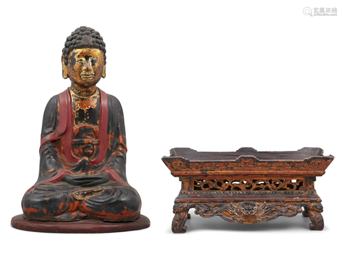 A PARCEL GILT AND RED LACQUERED WOODEN FIGURE OF A BUDDHA - ...