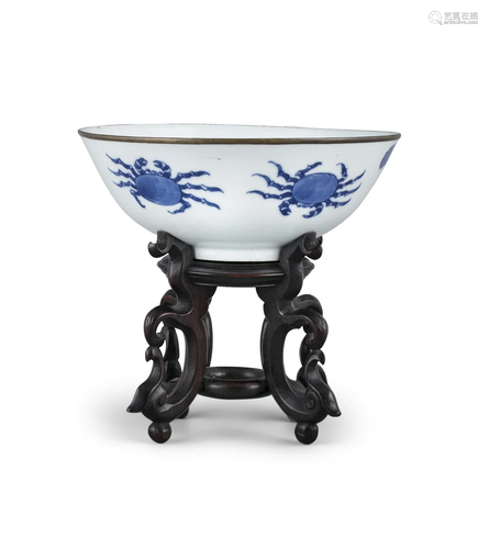 A BLEU DE HUE PORCELAIN BOWL ‘CRAB AND LOTUS POND’ BOWL INSC...