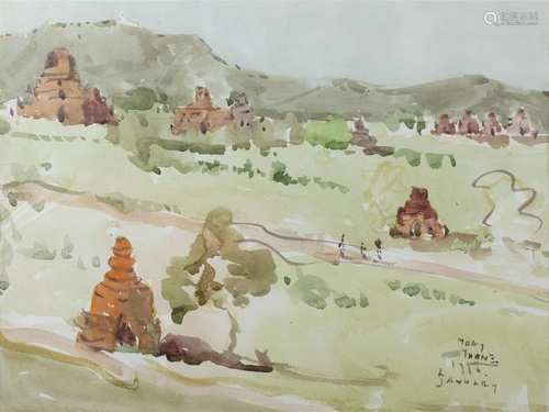 MOAT THONE (BURMA, MYANMAR, B. 1956) A landscape with stupas...