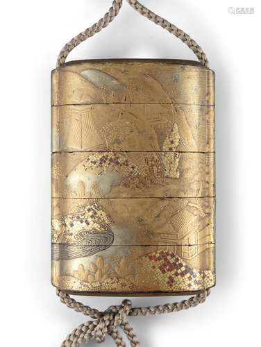 A GILT-LACQUER FOUR-COMPARTMENT ‘LANDSCAPE’ INRO JAPAN, 19TH...