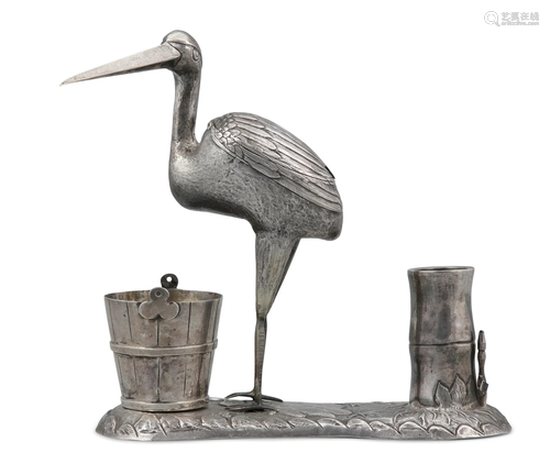 A SILVER INKWELL SHAPED A A BAMBOO AND A CRANE (KURĒN), INKU...