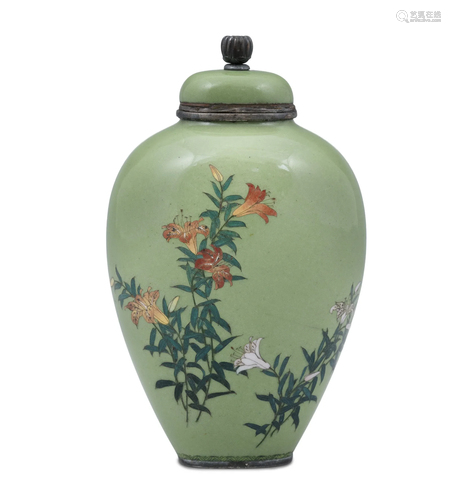 A CLOISONNÉ ENAMEL ‘LILY FLOWERS’ VASE AND COVER MAYBE BY NA...