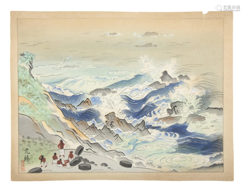 KANO KOGA (Japan, 1897-1953) Divers and sea rocky shore Aiba...
