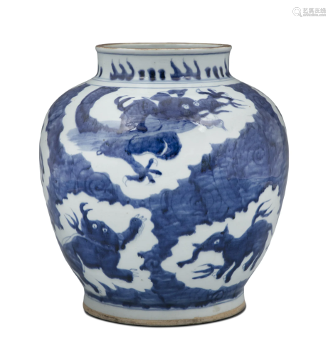 A TRANSITIONAL STYLE BLUE AND WHITE PORCELAIN ‘HEAVENLY HORS...