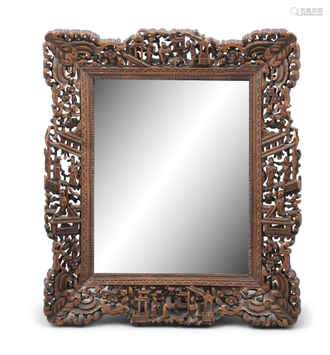 A RETICULATED WOODEN FRAME SET WITH A MIRROR CHINA, CANTON /...