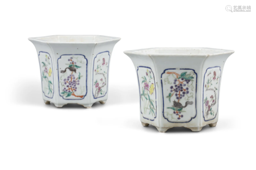 A PAIR OF FAMILLE ROSE PORCELAIN PLANTERS OF HEXAGONAL SHAPE...