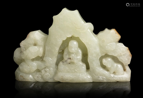 A WHITE AND RUSSETS JADE MOUNTAIN SHAPED 'LUOHAN' ...