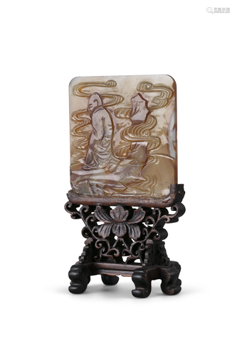 A SMALL SHADOW AGATE ‘DAOIST IMMORTAL’ TABLE SCREEN CHINA, C...