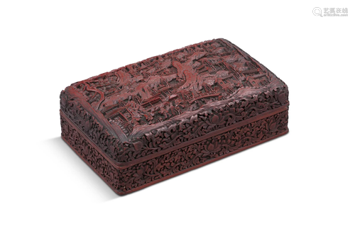 A CARVED CINNABAR LACQUER ‘DAOIST IMMORTALS’ BOX AND COVER C...