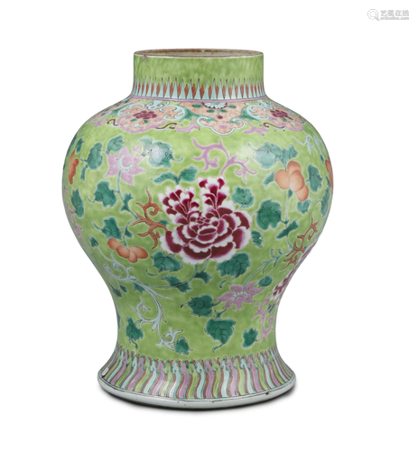 A LARGE LIME-GROUND FAMILLE ROSE PORCELAIN ‘PEONY’ JAR CHINA...