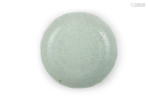 A LARGE CELADON GLAZED ‘LOTUS’ PORCELAIN SHALLOW DISH CHINA,...