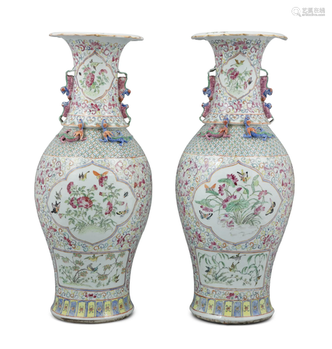 A LARGE PAIR OF CANTON PORCELAIN VASES OF PHOENIX-TAIL SHAPE...