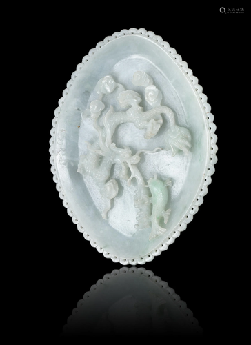 A JADEITE JADE ‘DRAGON AND CATFISH’ TRAY OR CUP CHINA, LATE ...