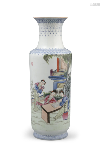 A FAMILLE ROSE PALETTE ‘LADIES PLAYING WEIQI’ PORCELAIN VASE...