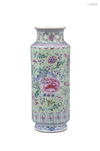 A LIME-GROUND FAMILLE ROSE PORCELAIN ‘DRAGON’ ROULEAU VASE, ...