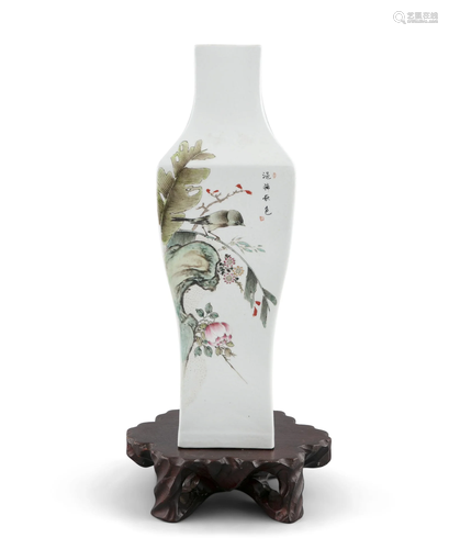 *A FAMILLE ROSE PORCELAIN ‘FLOWER’ VASE OF LANTERN SHAPE WIT...