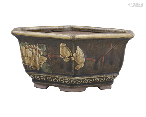 AN ENAMELED YIXING TERRACOTTA ‘SPARROWS’ JARDINIERE OR PLANT...