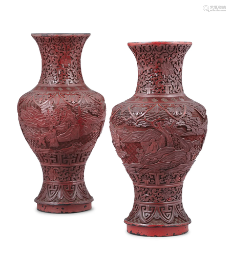 A NEAR PAIR OF CINNABAR LACQUER ‘DAOIST IMMORTALS’ PHOENIX-T...