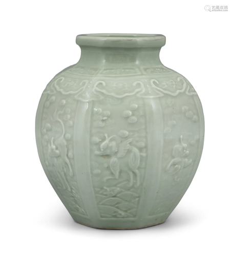 A CELADON GROUND ‘EIGHT QILIN' MOLDED FACETED POMEGRANA...