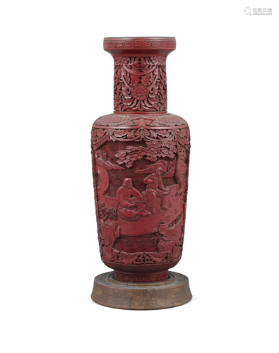 A CINNABAR LACQUER ‘WORKERS’ VASE OF ROULEAU SHAPE, BANGCHUI...