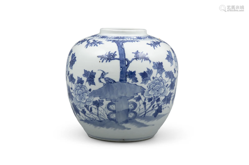 A BLUE AND WHITE ‘CHRYSANTHEMUM, PINE AND ROCKS’ PORCELAIN G...