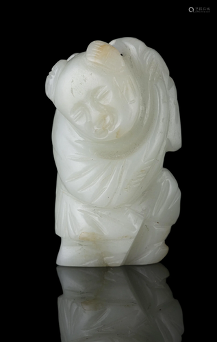 A SMALL JADE CARVING OF A BOY HOLDING LINGZHI FUNGUS CHINA, ...