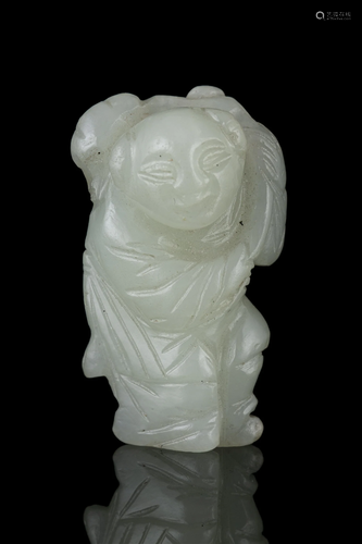 A SMALL JADE CARVING OF A BOY HOLDING A LINGZHI FUNGUS CHINA...