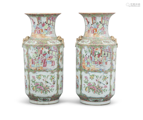 A PAIR OF CANTON PORCELAIN PHOENIX-TAIL VASES, FENGWEIZUN CH...