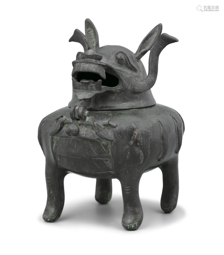 A BRONZE INCENSE BURNER IN THE SHAPE OF A LÙDUĀN 甪端 CHINA,...