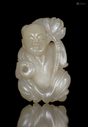 A SMALL SOAPSTONE CARVING OF A BOY WITH A LOTUS CHINA, LATE ...