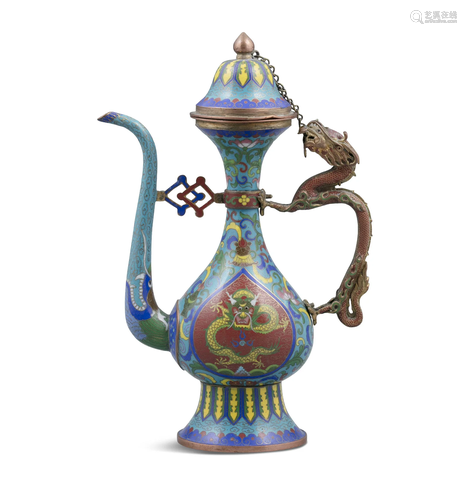 A TIBETAN STYLE CLOISONNE PEAR-SHAPED EWER AND COVER CHINA I...