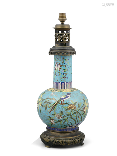 A ‘BIRD OF PARADISE’ CLOISONNE IMITATION CERAMIC BOTTLE VASE...