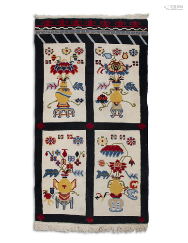 A CHINESE WOOL RUG ADORNED WITH AUSPICIOUS FLOWERED VESSELS ...