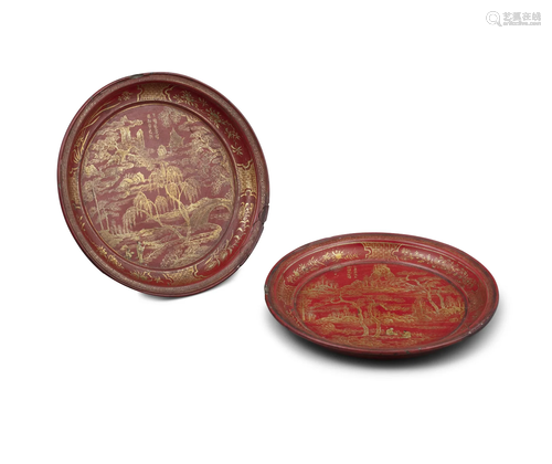 A PAIR OF GILT AND RED LACQUERED ‘DAOIST LANDSCAPES’ CUPS WI...