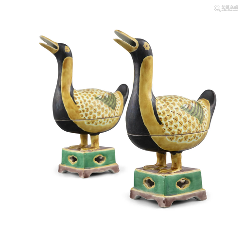 *A PAIR OF PORCELAIN BOXES AND COVERS SHAPED AS DUCKS OR GEE...