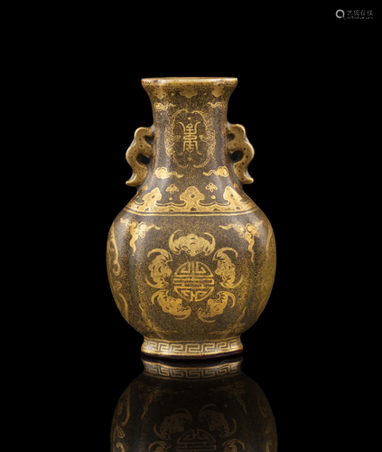 *A GILT ENAMELED TEADUST GLAZED PORCELAIN VASE APOCRYPHAL MA...