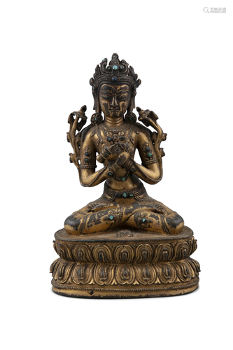 *A STONE-EMBELLISHED GILT BRONZE FIGURE OF VAJRADHARA ALSO K...