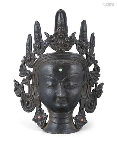 A STONE-EMBELLISHED BRONZE HEAD OF A BODHISATTVA POSSIBLY NE...