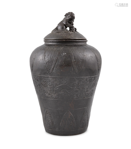 *A BRONZE URN AND COVER CHINA, MODERN, YUAN STYLE Of elongat...