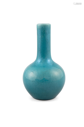 *A SMALL PEACOCK BLUE GLAZED PORCELAIN BOTTLE VASE CHINA, MO...