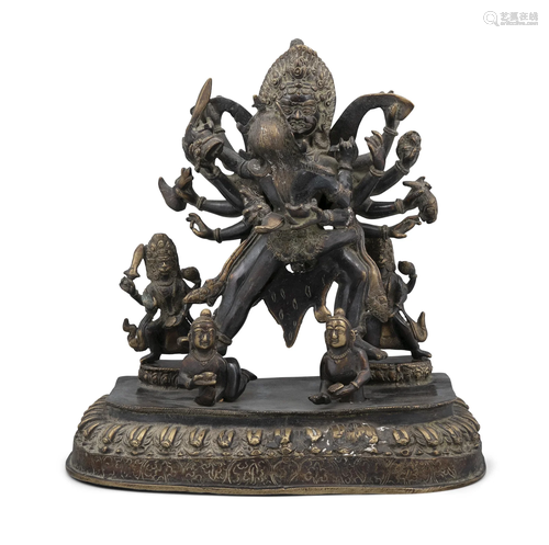 A LARGE BRONZE SCULPTURE OF YAMANTAKA WITH HIS CONSORT IN YA...