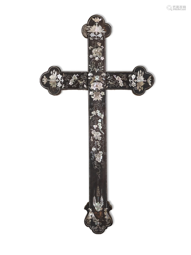 § A LARGE MOTHER OF PEARL INLAYS ‘PLUM’ WOODEN APOSTLE CROSS...